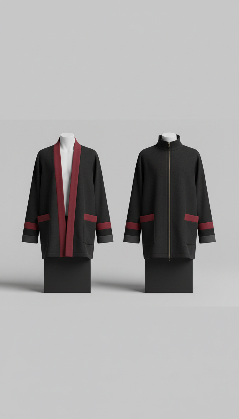 Hybrid robe-jacket unzipped dramatic flow